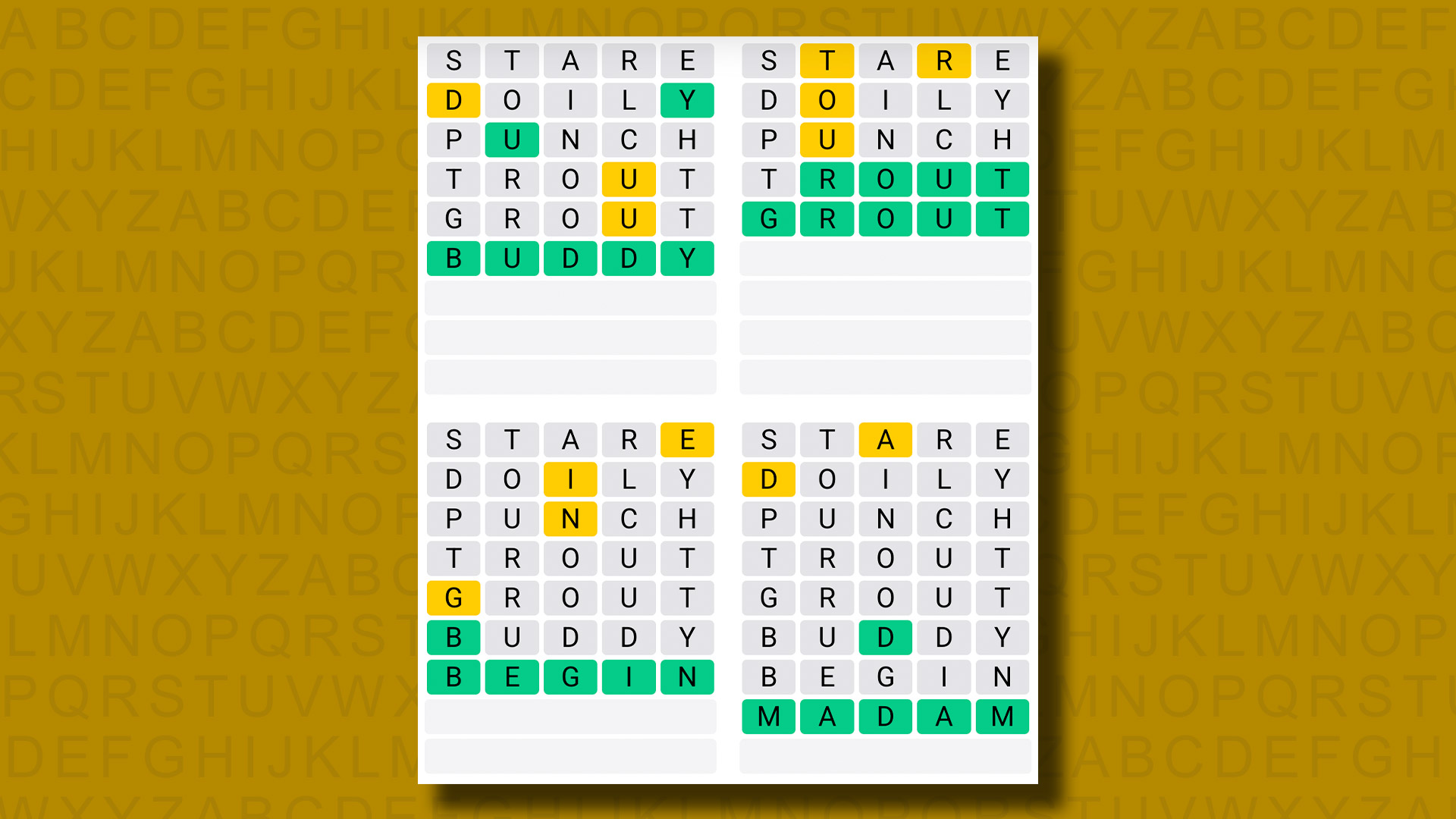 Quordle answers for game 1244 on a yellow background