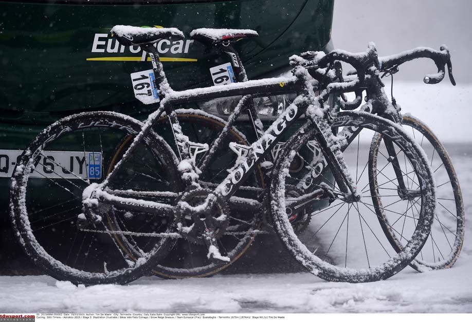 The Ferrari symbol on this Europcar Colnago is almost obscured by the snow