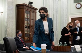 Lina Khan, nominee for Commissioner of the Federal Trade Commission (FTC), arrives at at a Senate Committee on Commerce, Science, and Transportation confirmation hearing on Capitol Hill on April 21, 2021 in Washington, DC.