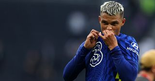 Thiago Silva of Chelsea kisses the badge at full time of the Premier League match between Tottenham Hotspur and Chelsea at Tottenham Hotspur Stadium on September 19, 2021 in London, England.