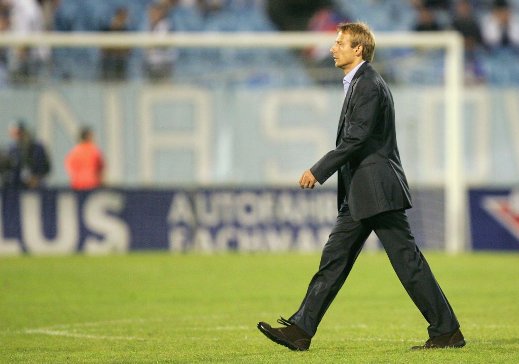 Juergen Klinsmann, headcoach of the German National Team, looks dejected after the friendly match between Slovakia and Germany at the Slovan Stadium on September 3, 2005 in Bratislava, Slovakia. (Photo by Alexander Hassenstein/Bongarts/Getty Images)