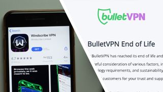 Windscribe app on an app store on a mobile phone (on the left), a screenshot of BulletVPN's closure statement taken on July 9, 2025 (on the right)