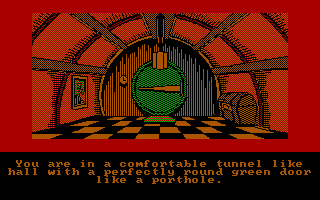 Best Lord of the Rings games — The opening screen of the 1982 Hobbit adventure game, showing the interior of Bilbo's doorway.