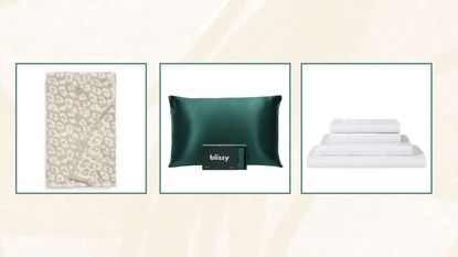 Three Nordstrom sale bedding buys - one beige leopard print blanket, one silk emerald green pillow cases, and one stack of white sheets - in white squares with green borders on a beige background