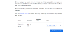 Google Takeout export screen
