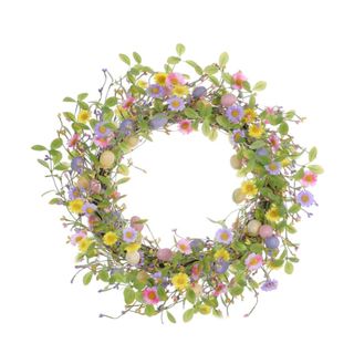 A floral wreath with lavender, yellow, and bright pink daisy flowers and pink, yellow, and purple eggs around it, as well as light green leaves