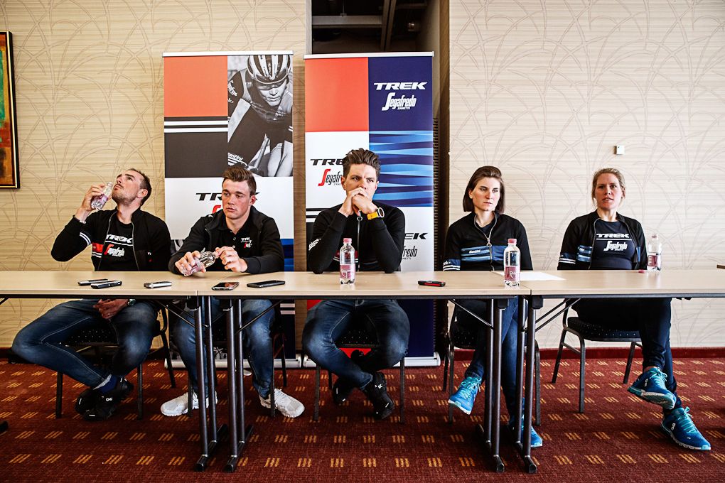 Trek-Segafredo riders John Degenkolb, Mads Pedersen, Jasper Stuyven, Elisa Longo Borghini and Ellen Van Dijk give a press conference in Sint-Michiels on April 4, 2019