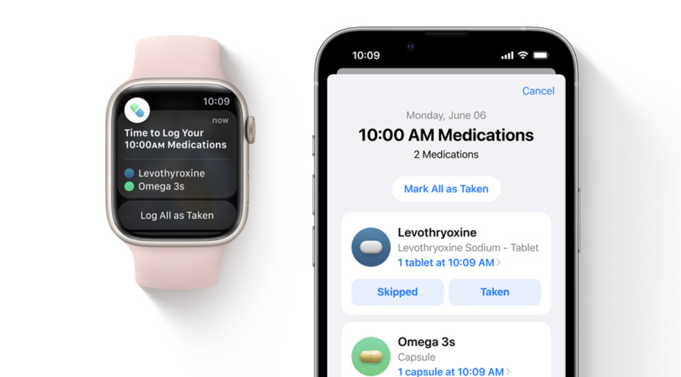 The Medications view on watchOS 9 and iOS 16