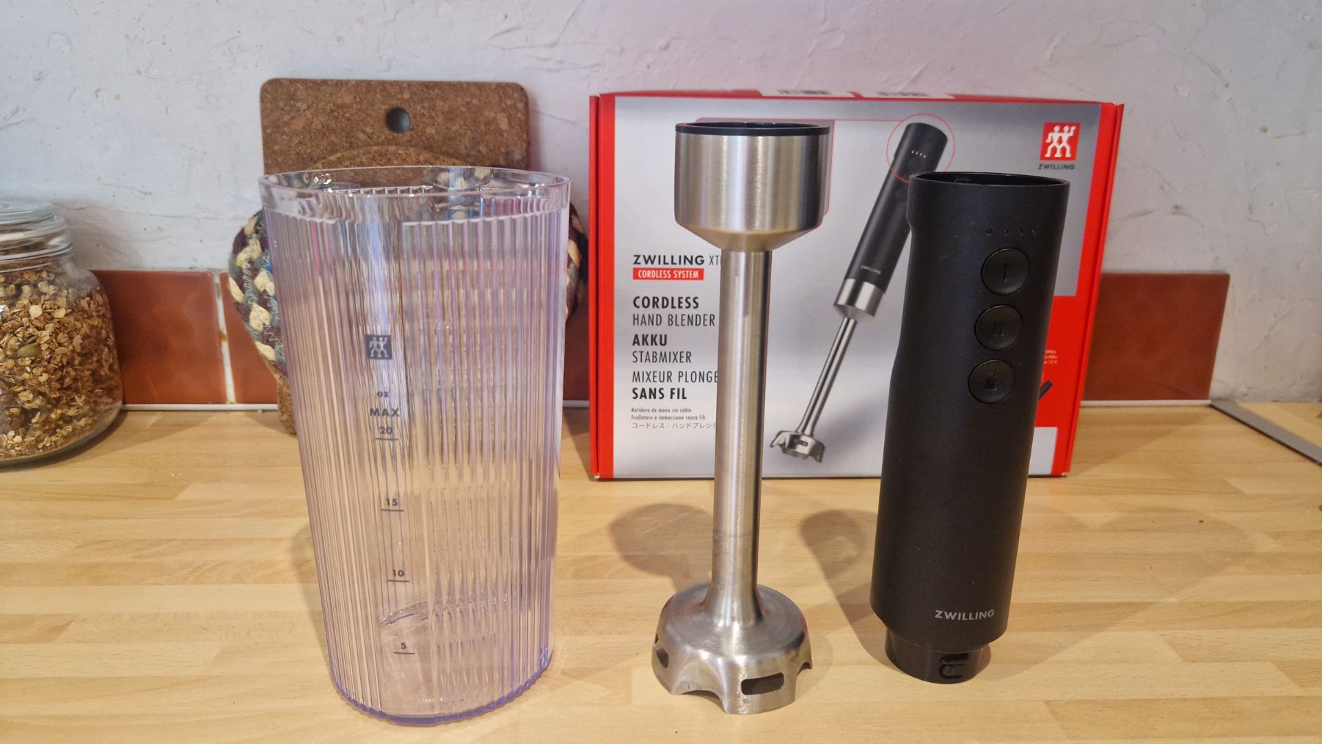The Zwilling Cordless Hand Blender pictured in the tester's kitchen after unboxing