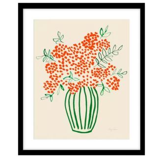 Artwork featuring orange berries in a green-striped vase 