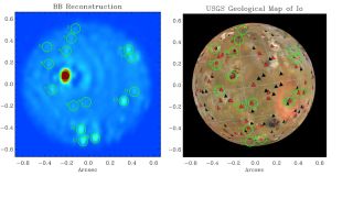 These images of Jupiter's volcanic moon Io show how it appeared to the Large Binocular Telescope in December 2013 (left), with the hotspots compared to an actual map of Io (right) created using data from NASA's Voyager 1 and 2 probes, and the Galileo spacecraft.