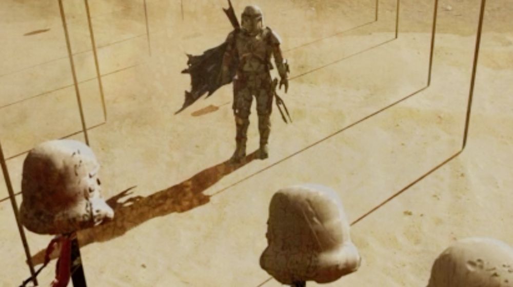 Conceptual artwork showing the installation &quot;Stromtrooper on Spike&quot; by the Tuskan Art Appreciation Society in Mos Eisley.