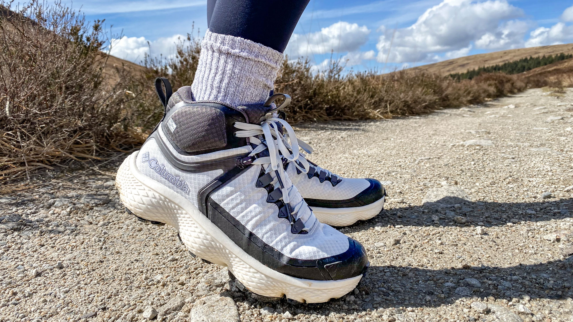 Tom's Guide writer Jessica wearing the Columbia Escape Thrive Titanium OutDry Mid Shoe on a hike