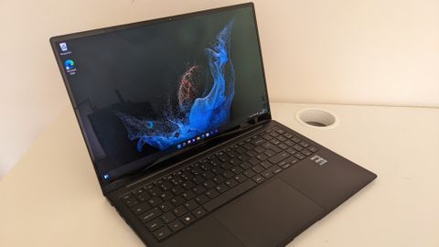 Samsung Galaxy Book2 Pro with the screen open on Windows 11 desktop.