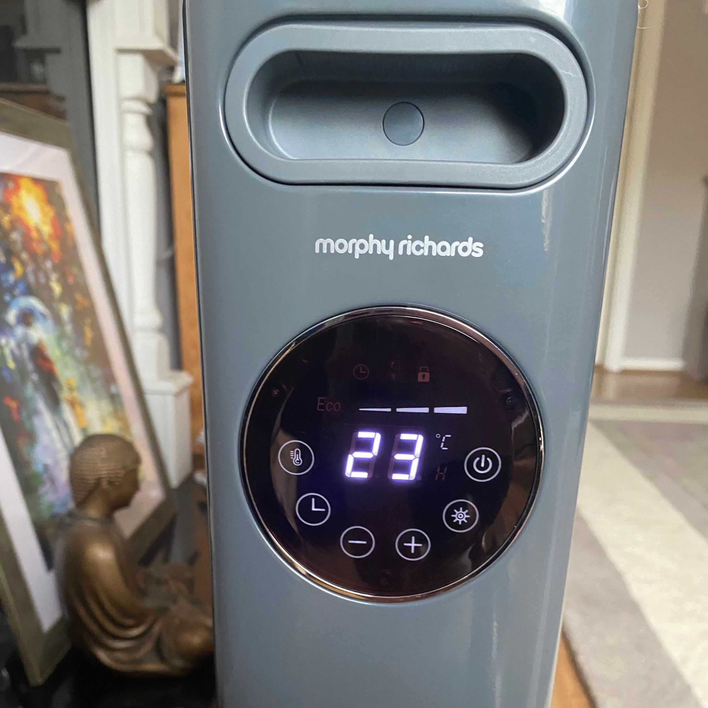 LED display of the Morphy Richards HeatFlux 2.5kW Digital Oil-filled Radiator in my living room