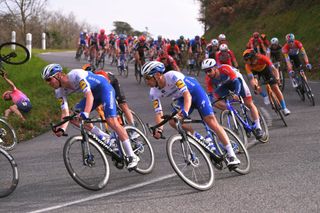 Tim Declercq (left) keeps a cool head alongside Deceuninck-QuickStep teammate Zdenek Stybar on stage 5 of the 2020 Paris-Nice, as behind them EF Pro Cycling’s Michael Woods comes unstuck