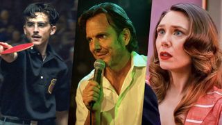 (L-R) Timoth&eacute;e Chalamet as Marty Mauser in "Marty Supreme", Will Arnett as Alex Novak in "Is This Thing On?", and Elizabeth Olsen as Joan in "Eternity" 