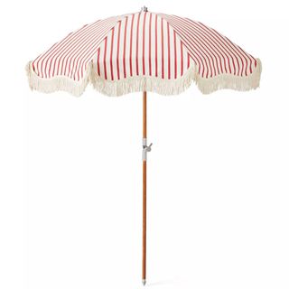 Red and white striped patio umbrella