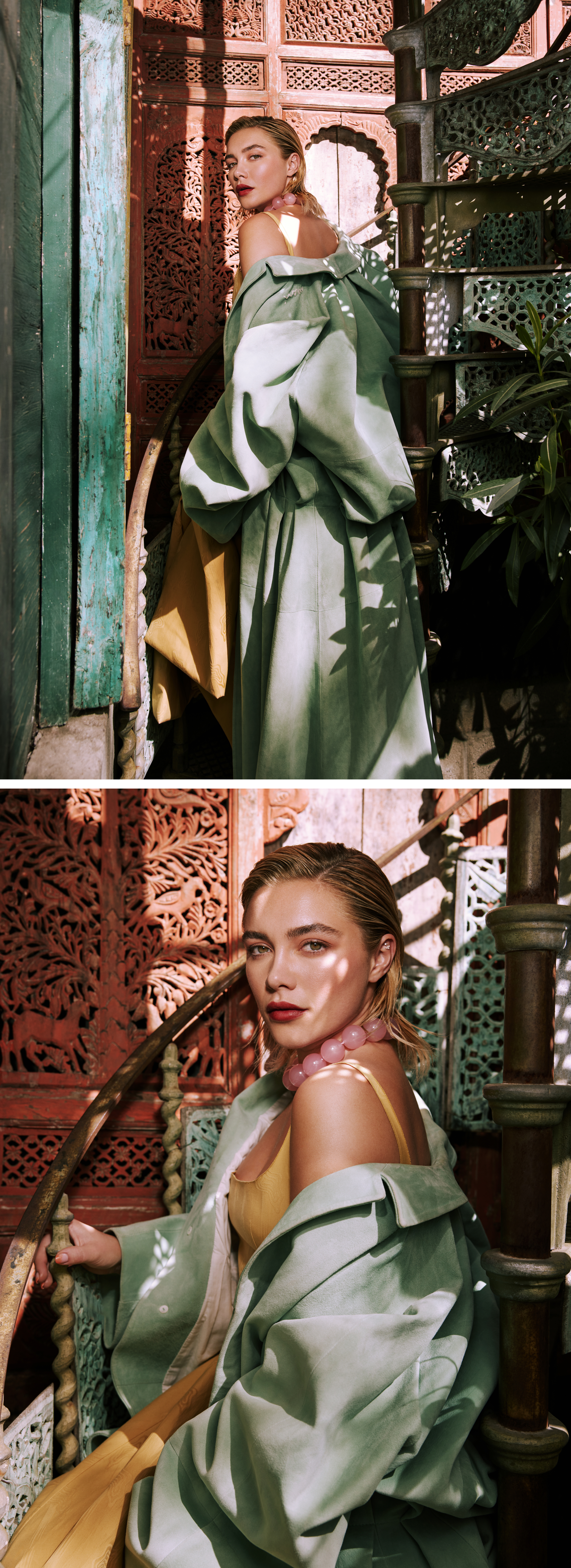 Top image: Florence Pugh standing on a staircase outside looking back at the camera wearing a mint green coat with a yellow dress. Bottom image: Florence Pugh sitting on a staircase outside wearing a mint green coat over a yellow dress with a pink necklace.