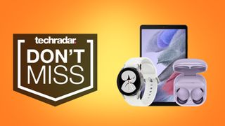 Galaxy Tab, Galaxy Watch 4, and Galaxy Buds 2 Pro on orange background with "don't miss" text overlay