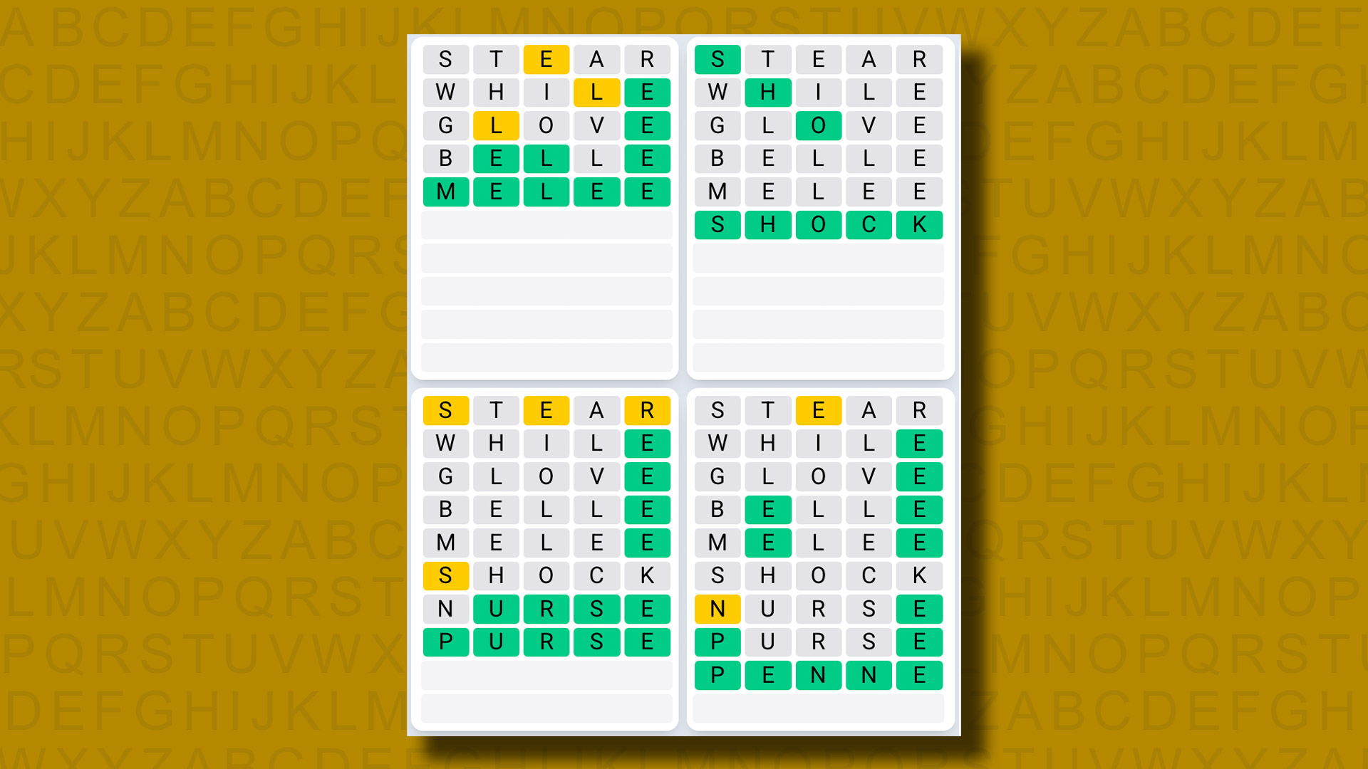 Quordle Daily Sequence answers for game 1264 on a yellow background
