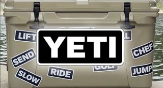 Yeti logo and Yeti logo stickers on a cool box