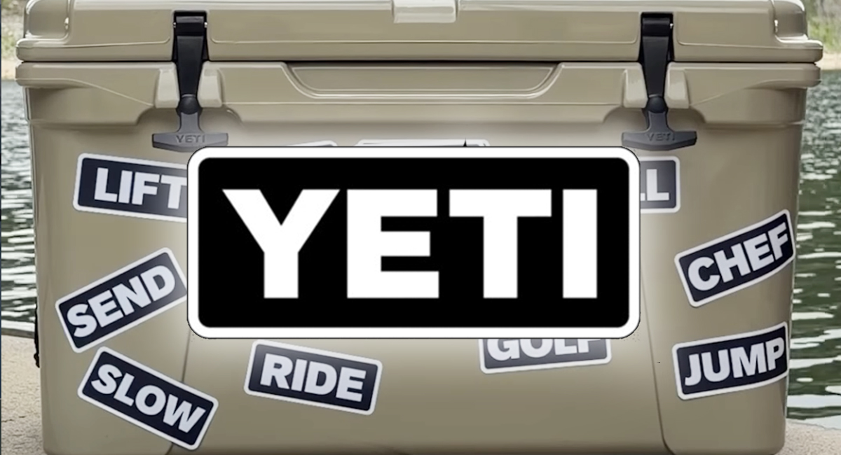 Yeti logo and Yeti logo stickers on a cool box