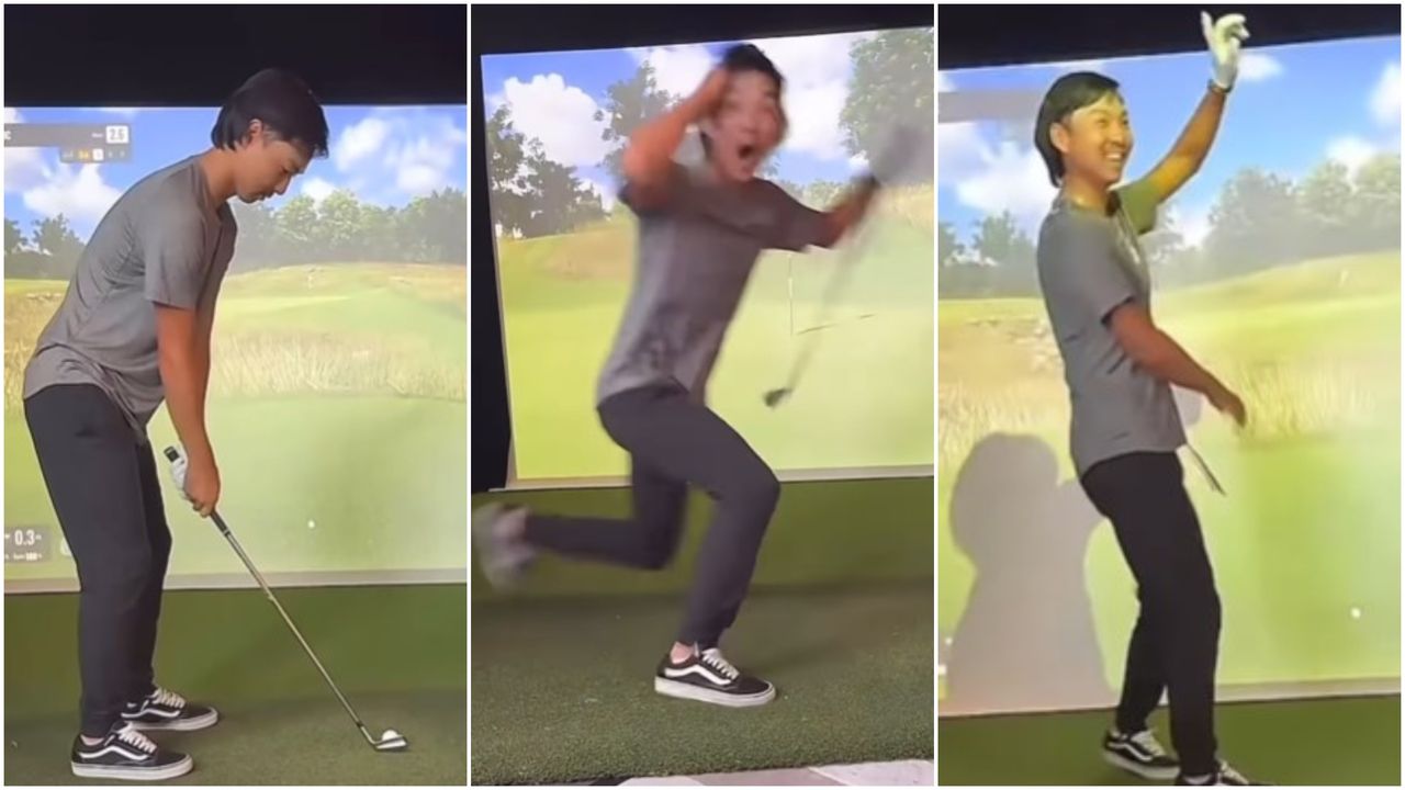 Min Woo Lee makes a hole-in-one on a golf simulator live streaming