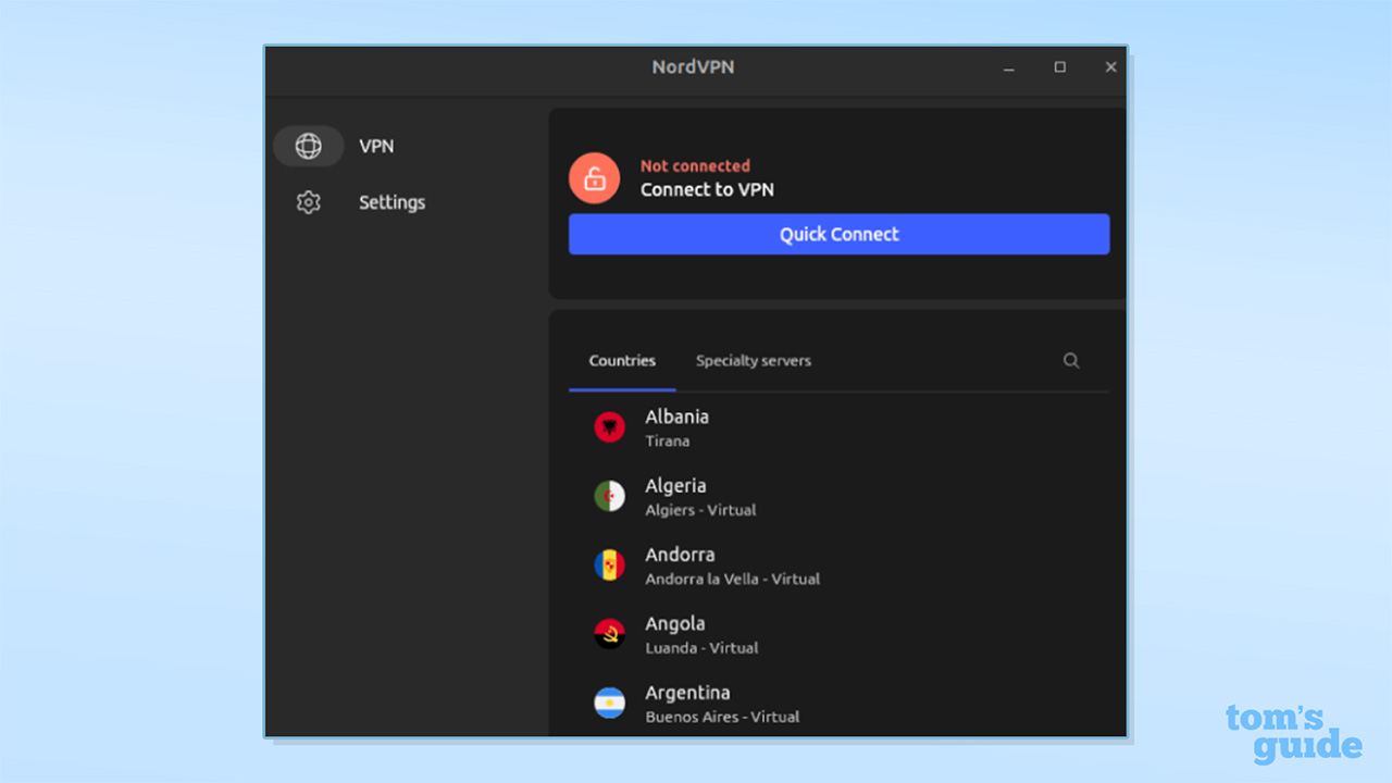 Screenshot of NordVPN Linux app