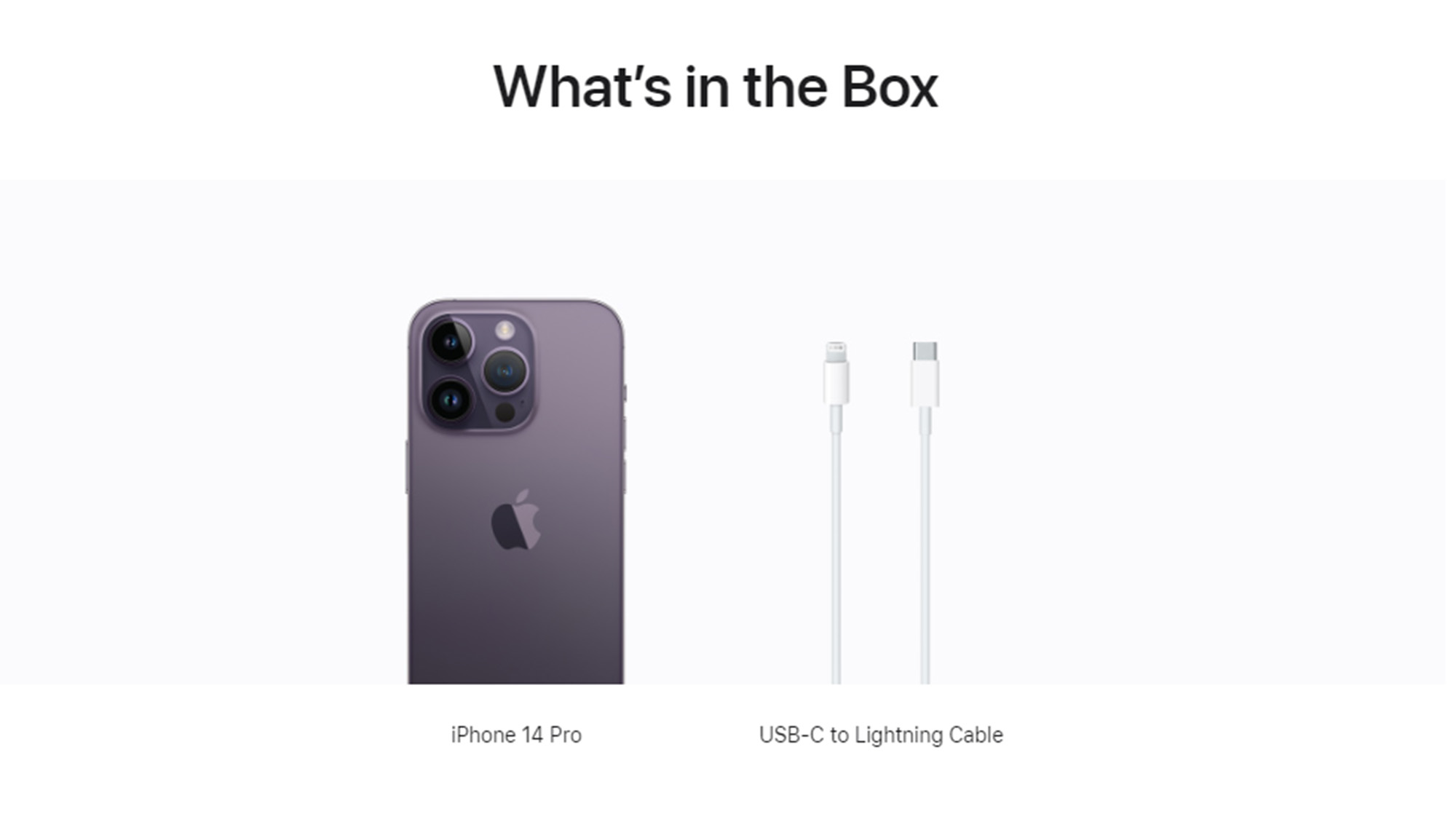 A screenshot from Apple's website, depicting the iPhone 14 Pro , next to a Lightning cable