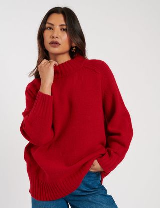 Red Funnel Neck Wool Knitted Jumper