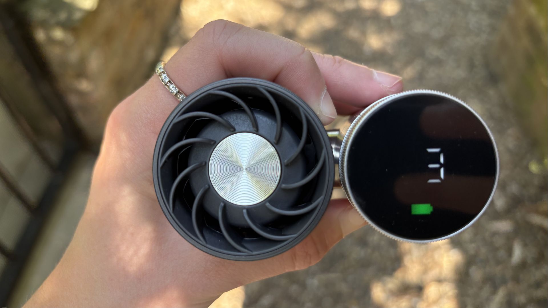 Shark ChillPill 3-in-1 Fan, Mist &amp;amp; InstaChill System being tested outside with the fan