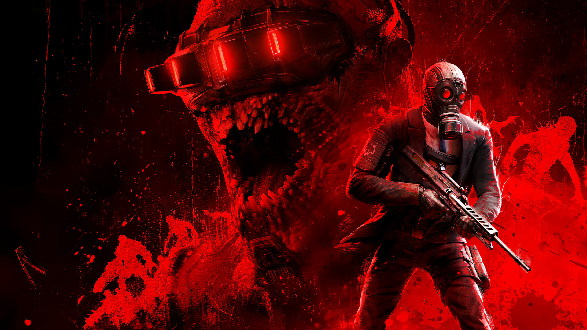 The Killing Floor 3 key art hero image, showing a suited, gas-mask-wearing commander with an assault rifle in the foreground, with red-tinged Zeds in the background including a close-up of one with lots of teeth