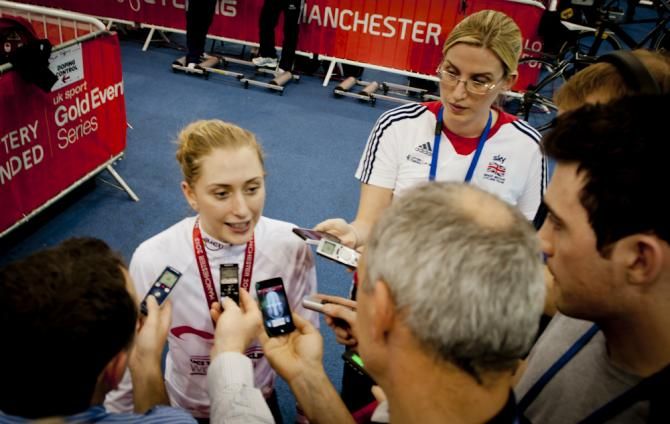 A delighted Laura Trott gives the press her views on winning the Women's Omnium