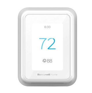 Honeywell Home T9 Wifi Smart Thermostat which is a rounded vertical rectangle with blue temperature showing at 72 and data on the time and temperature and weather outside