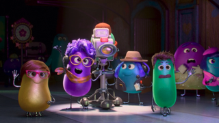 Paula Persimmon and Dream Productions crew standing next to a camera in animated Inside Out series