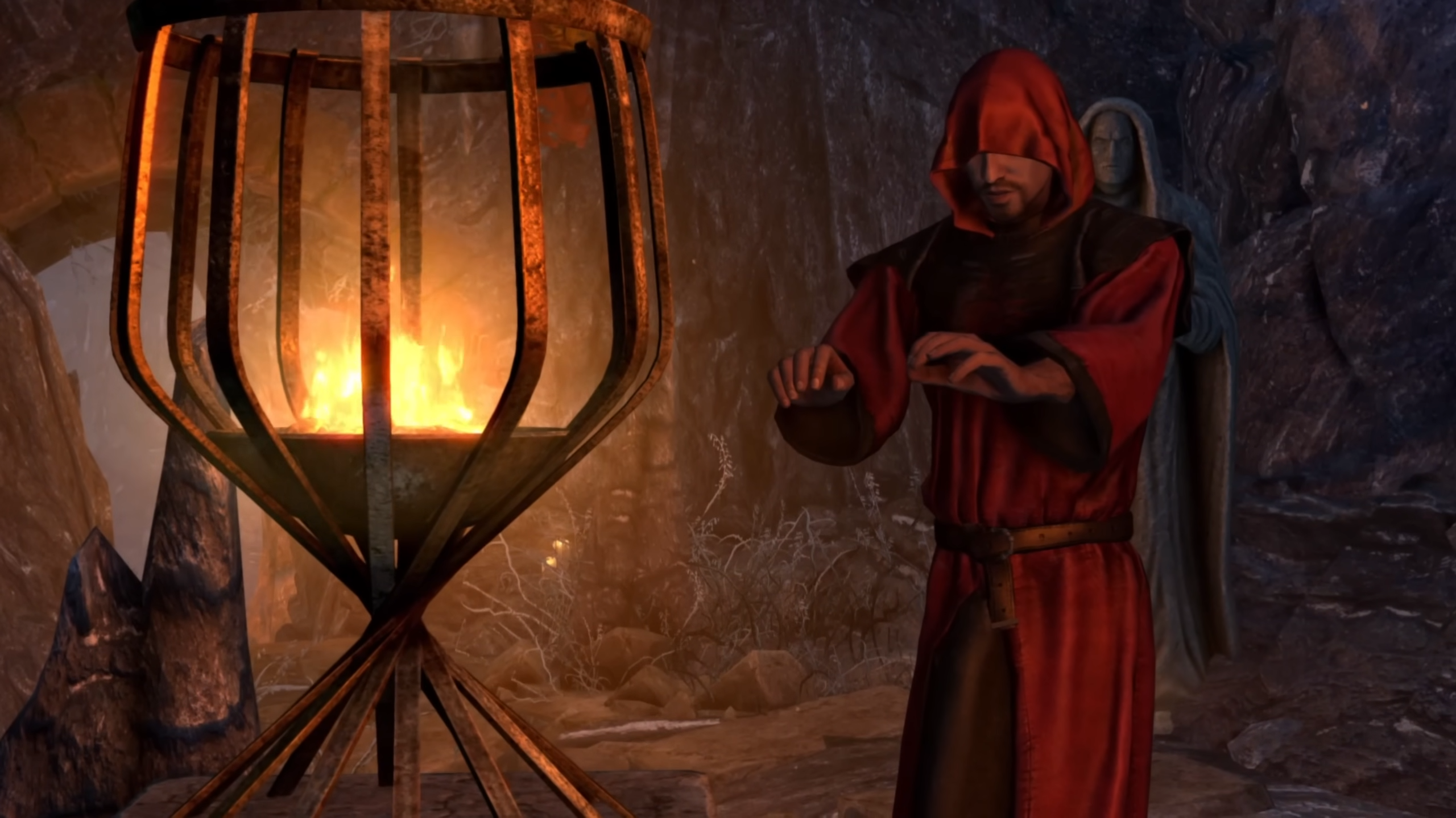Red robed figure warming his hands by a torch in Skyblivion.