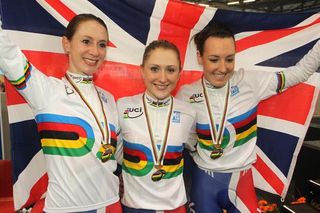Wendy Houvenaghel, Laura Trott and Dani King celebrate their victory