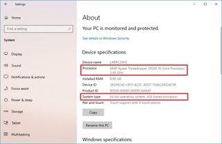 Windows 10 settings processor info
