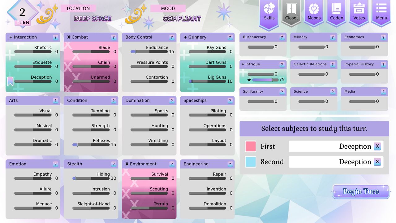 A screen showing all Zorana's skills.