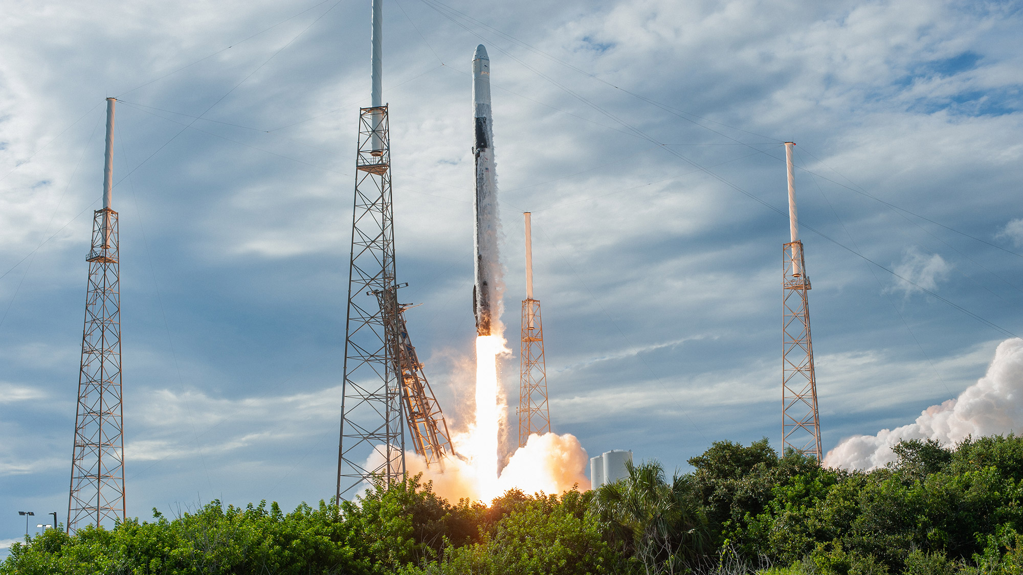 A SpaceX Falcon 9 rocket lifts off from Space Launch Complex 40 at Cape Canaveral Air Force Station in Florida at 6:01 p.m. EDT on July 25, 2019, carrying the Dragon spacecraft on the company's 18th Commercial Resupply Services (CRS-18) mission to the International Space Station. 