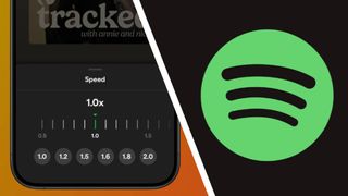 The Spotify app logo next to a smartphone showing podcast playback speed options 