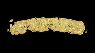 A Bronze Age gold belt found by a beet farmer in the Czech Republic.