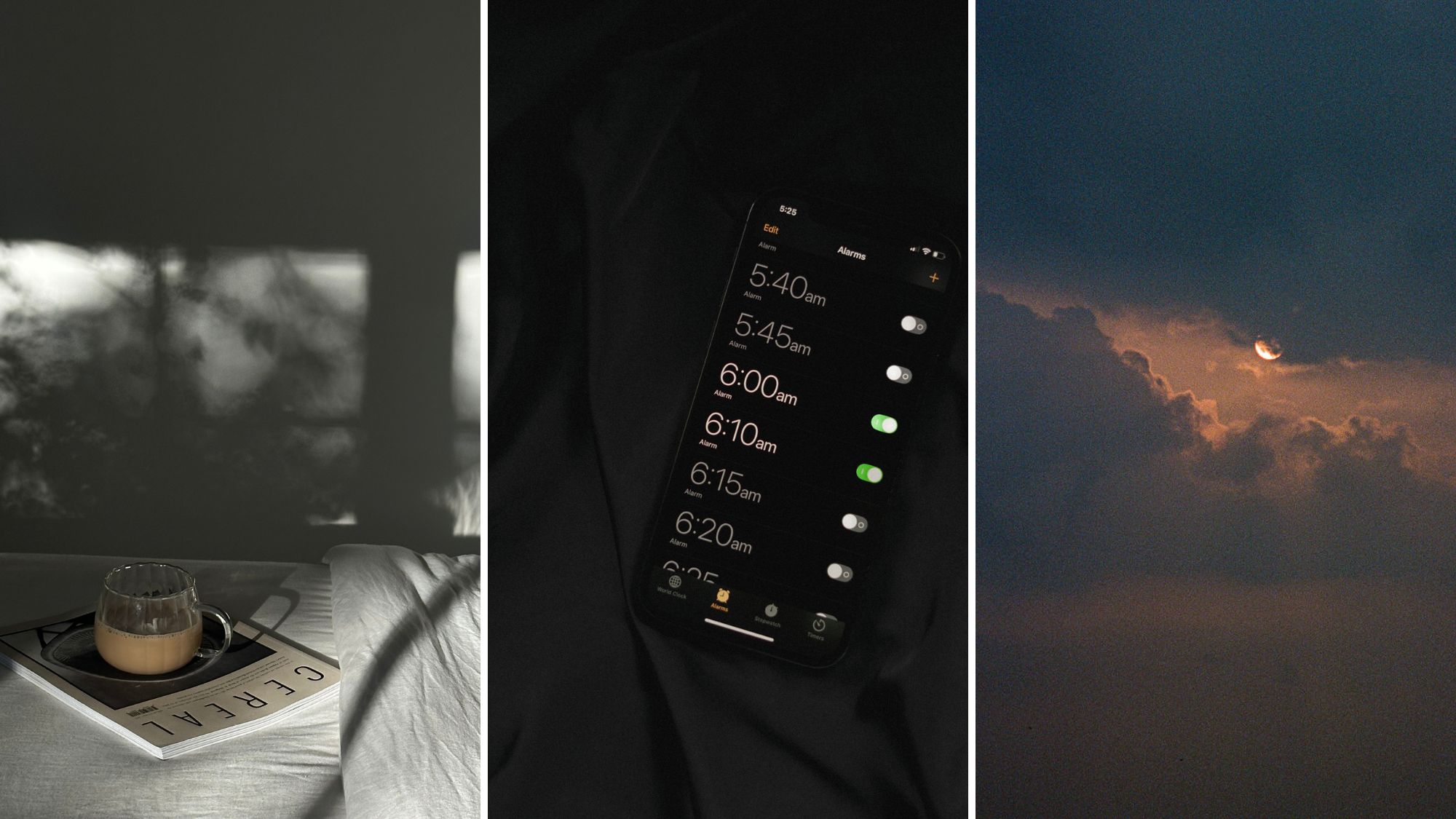 A sunset, phone alarm, and cup of coffee