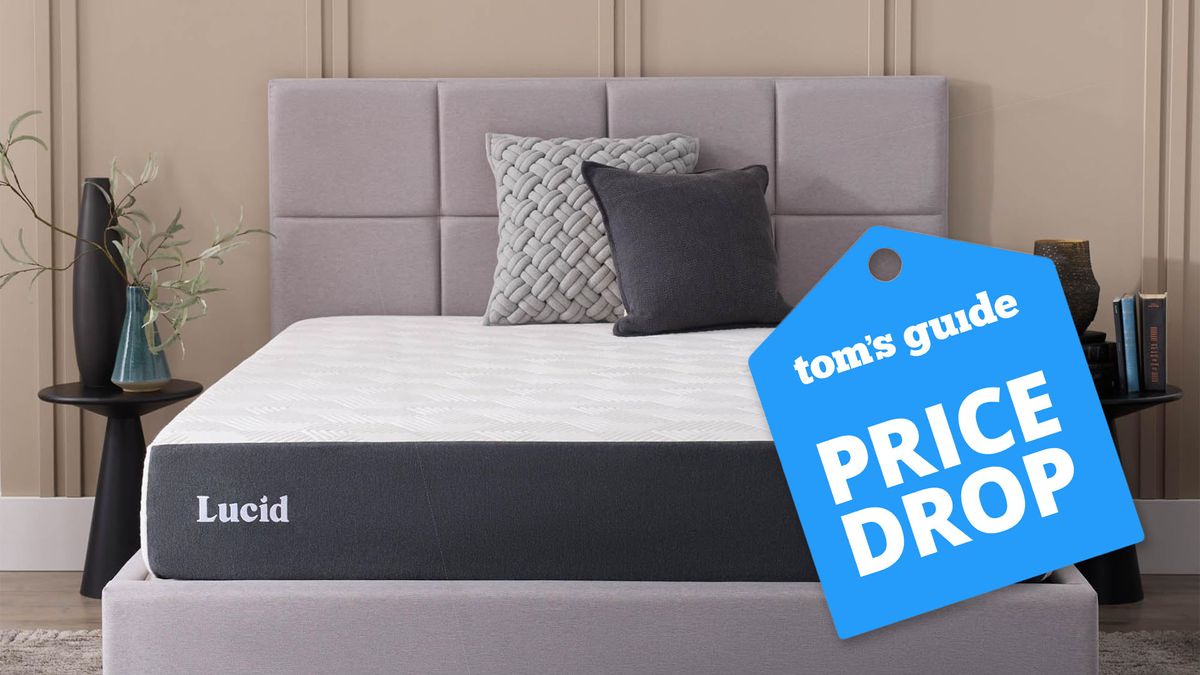 The Lucid 10-inch Gel Memory Foam on a bed frame in a bedroom, a Tom&#039;s Guide Price Drop deals graphic (right)