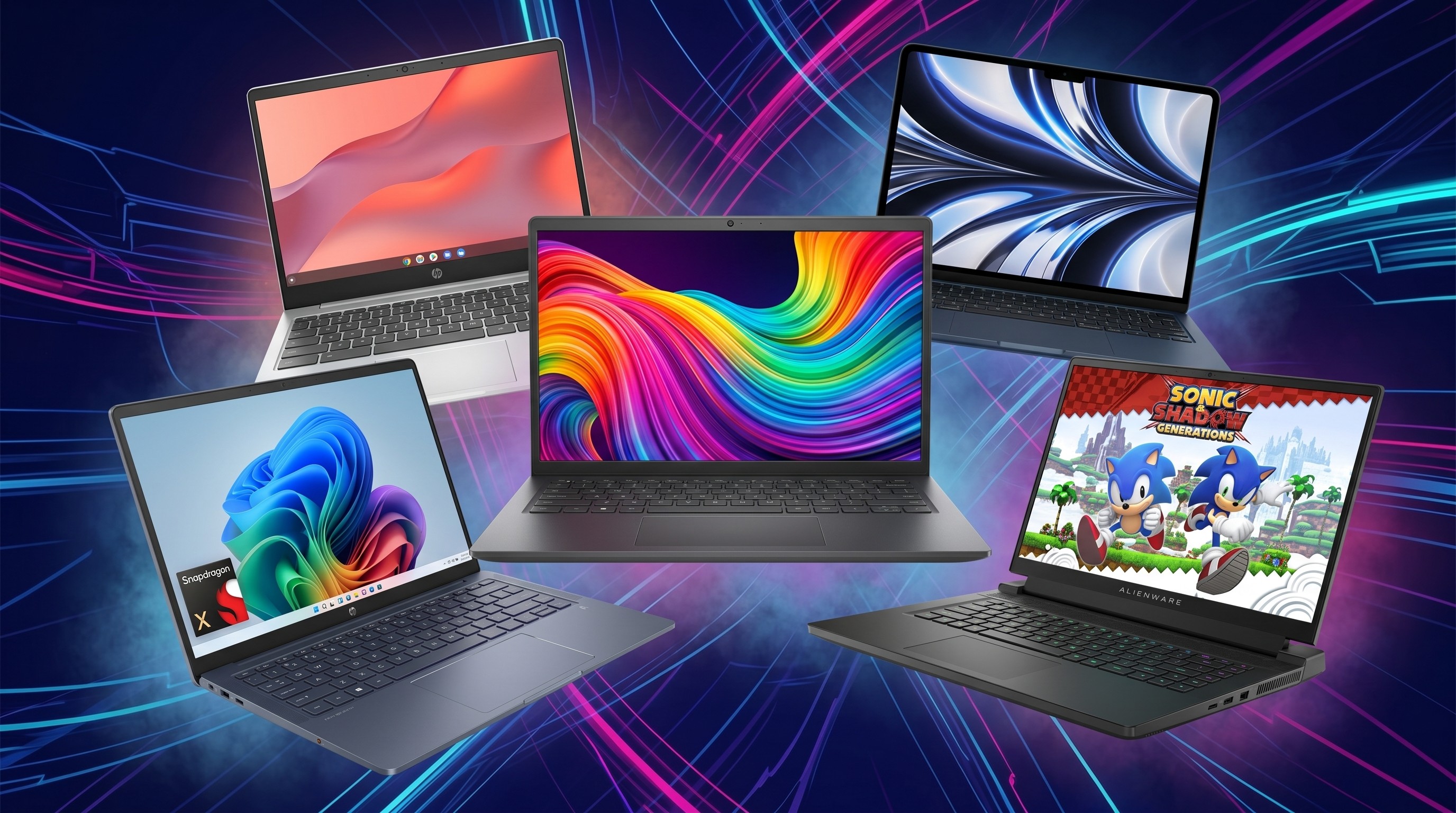 A collage of laptops from the Memorial Day sales, including devices from HP, Dell, Apple, and Lenovo on a vibrant purple and blue background