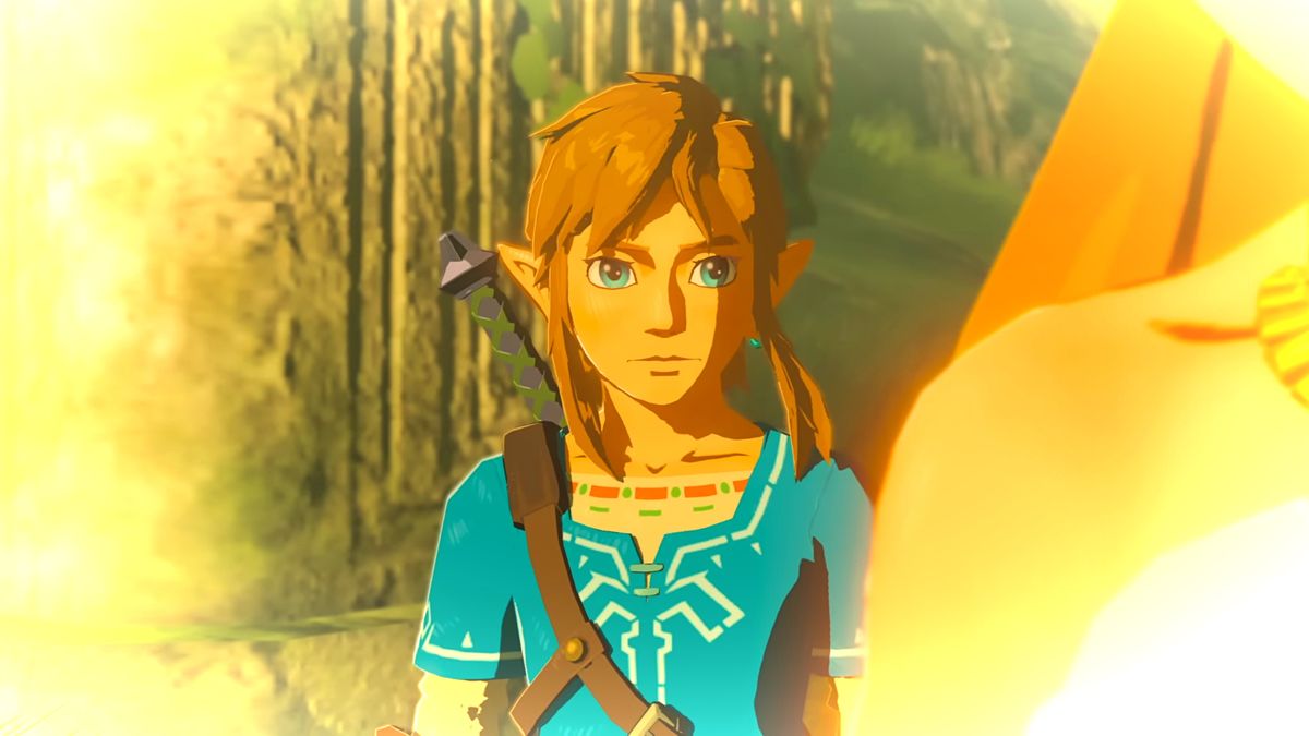 The Legend of Zelda: Breath of the Wild screenshot showing Link, a male character with elf-like ears, blond hair, and bright blue eyes