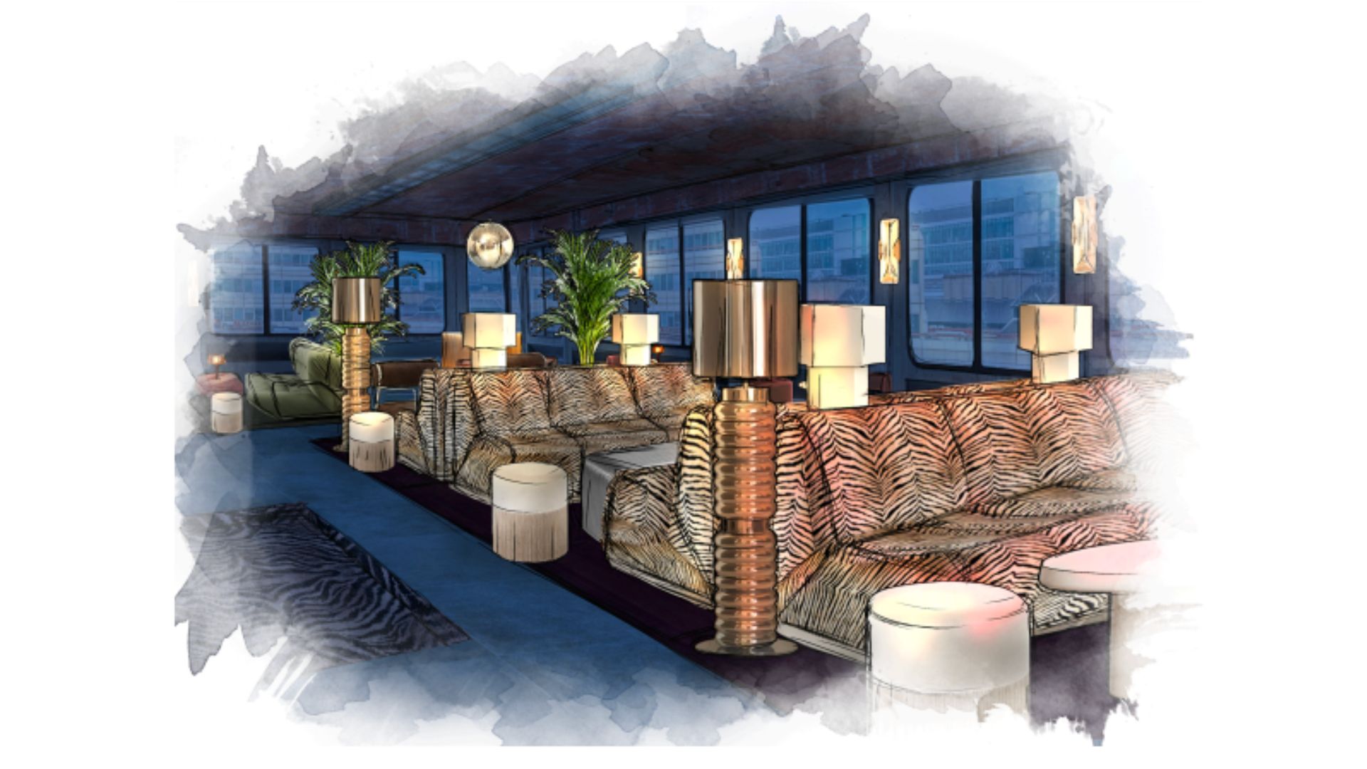 an image of an artist's mock up of what the interiors of the bar will look like, with leopard print sofas and low tables, with low lighting dotted around