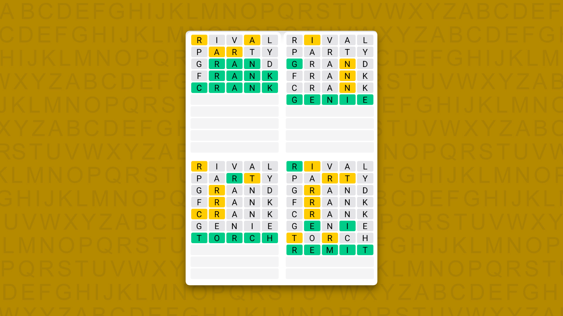 Quordle Daily Sequence answers for game 1696 on a yellow background