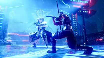Yakumo squares off against a DDO Commander boss in Ninja Gaiden 4